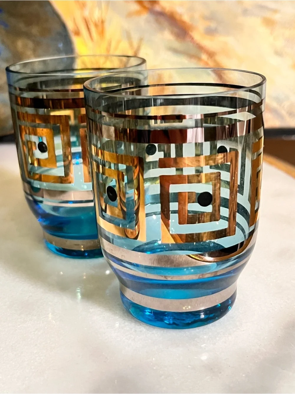 MCM style footed cocktail glasses (4) blue gold silver barware retro Greek key